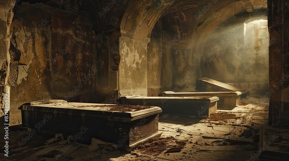 Ancient crypt with stone sarcophagi illuminated by sunlight through an arched ceiling, showcasing historical and mystical atmosphere. Ancient crypt with stone sarcophagi illuminated by sunlight through an arched ceiling, showcasing historical and mystical atmosphere.