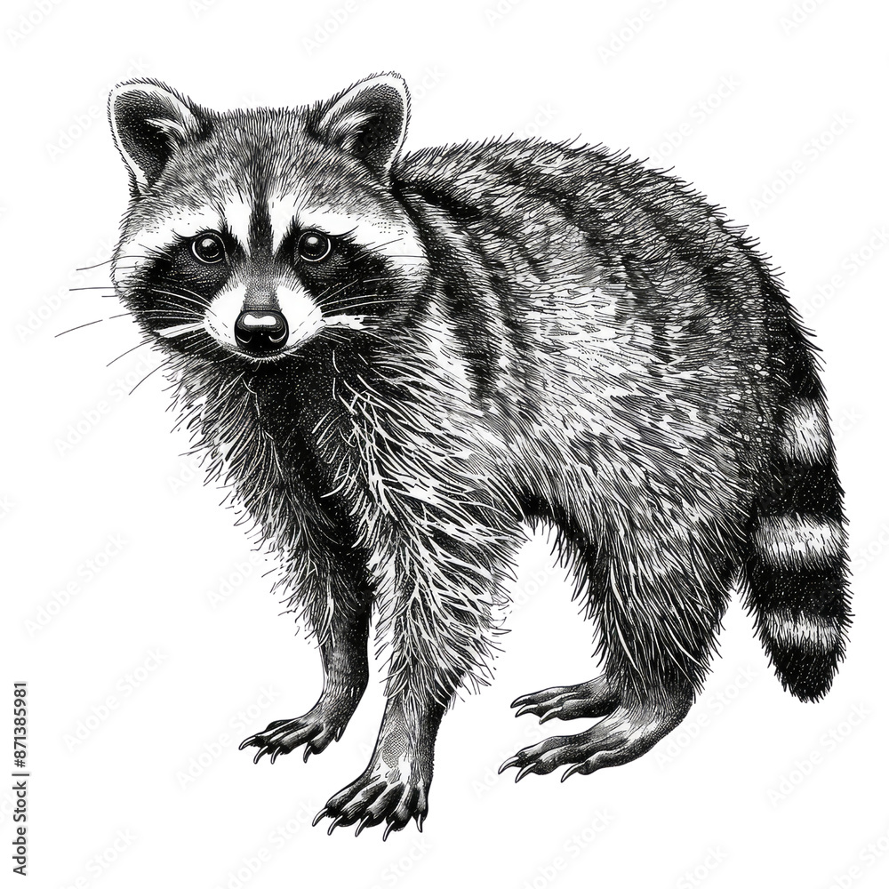 Naklejka premium Black And White Drawing Racoon lllustrations Art, Generative AI 