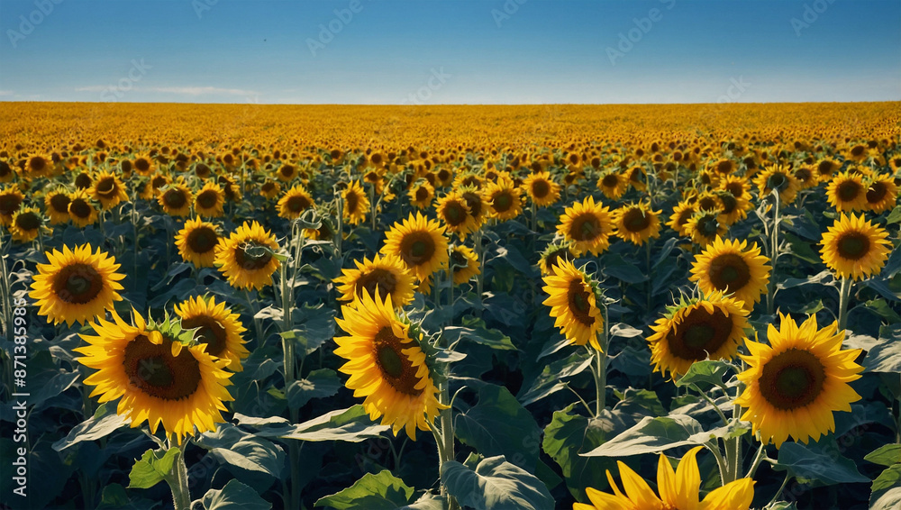 Obraz premium Field of bright yellow sunflowers under a clear blue sky.