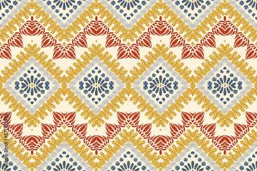Ethnic ikat seamless pattern in tribal. Aztec geometric ethnic ornament print. Ikat pattern style. Design for background, wallpaper, illustration, fabric, clothing, carpet, textile, batik, embroidery.