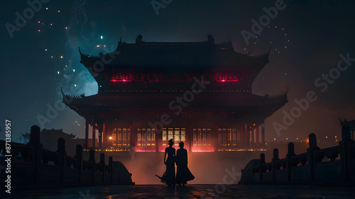 Couple in traditional Hanfu attire admiring fireworks under ancient Chinese architecture at night, showcasing the rich cultural heritage and romantic ambiance of China’s historical celebration. photo