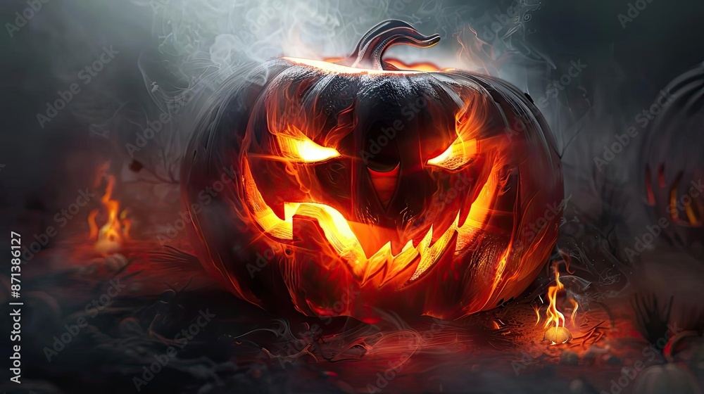 A spooky Halloween jack-o'-lantern with a glowing face, surrounded by smoke and small flames, creating a haunting atmosphere. A spooky Halloween jack-o'-lantern with a glowing face, surrounded by smoke and small flames, creating a haunting atmosphere.