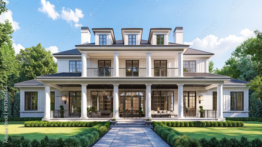 Fototapeta premium A large white house with a black roof and white pillars