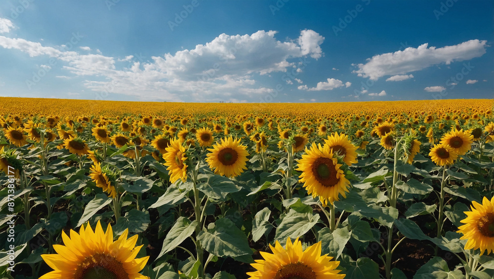 Obraz premium Field of bright yellow sunflowers under a clear blue sky.