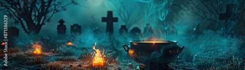 Eerie graveyard scene with glowing cauldron, mysterious fog, and tombstones under a dark, haunted night sky. Perfect for Halloween themes.