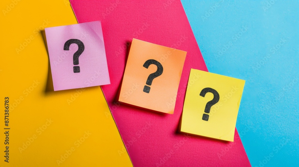 Three sticky notes with question marks on a vibrant, colorful background Three sticky notes with question marks on a vibrant, colorful background