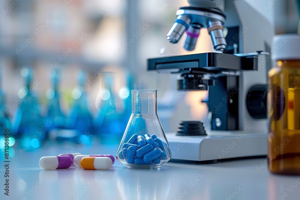 Blue and white image of a chemistry lab with a microscope in the background and a beaker of blue liquid and blue molecules in the foreground. Blue and white image of a chemistry lab with a microscope in the background and a beaker of blue liquid and blue molecules in the foreground.