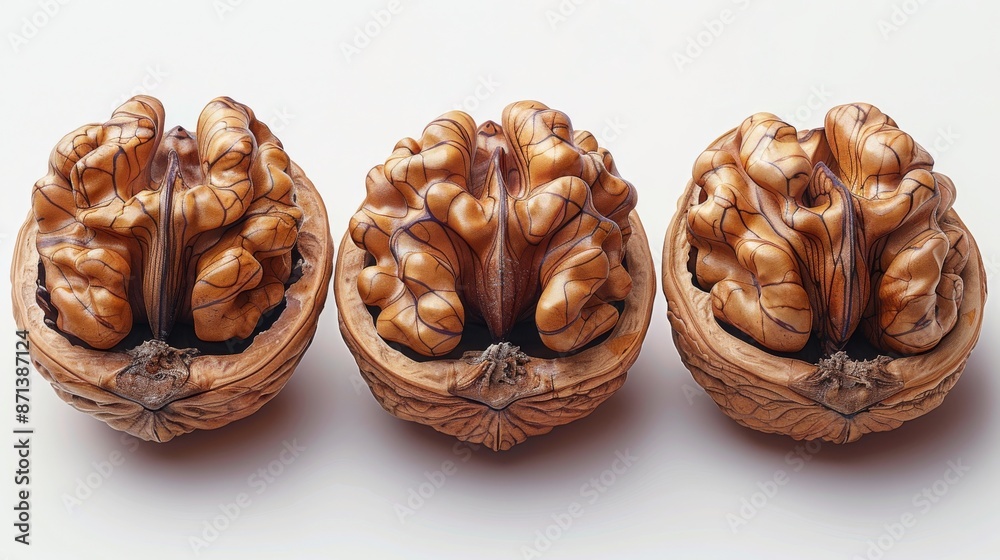 Three walnut halves with brain-like structure on white background. Unique and creative food concept Three walnut halves with brain-like structure on white background. Unique and creative food concept