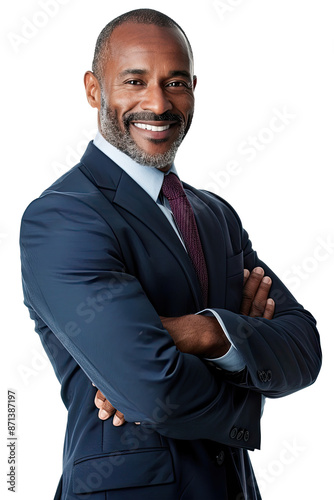 Portrait of senior executive black businessman happy smiling and standing posing posing arms crossed, Wear a blue suit and red tie, isolated on white background, png photo