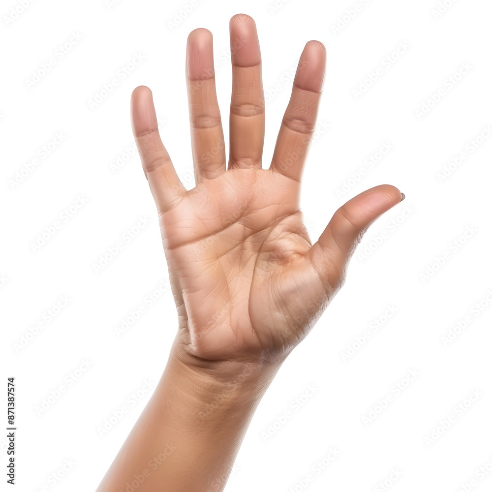 Woman is holding her hand up, showing all five fingers, against a white background