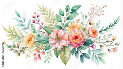 Delicate watercolor vector illustration of intertwined leafy branch collection adorned with vibrant flowers in soft pastel hues.