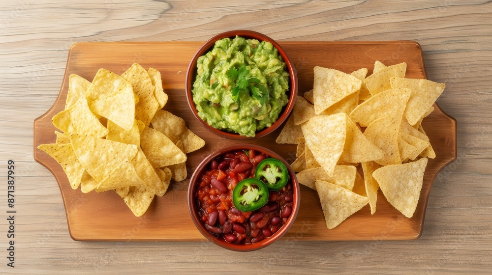 Top view of guacamole, salsa, beans, jalapenos, chorizo, and tortilla chips, Mexican theme, arranged on a wooden board, isolated background, studio lighting, perfect for advertising Top view of guacamole, salsa, beans, jalapenos, chorizo, and tortilla chips, Mexican theme, arranged on a wooden board, isolated background, studio lighting, perfect for advertising