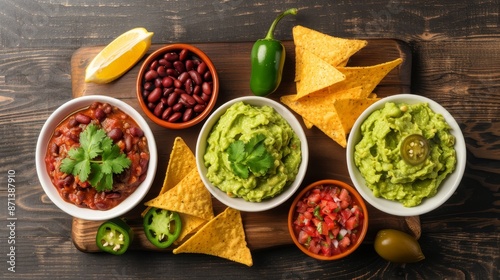 Top view of guacamole, salsa, beans, jalapenos, chorizo, and tortilla chips, Mexican theme, arranged on a wooden board, isolated background, studio lighting, perfect for advertising