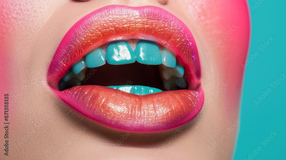 Obraz premium Vibrant textured veneers on teeth, close-up of mouth, showcasing wired fashion, sick trendy minority hobbies, bold and stylish visual