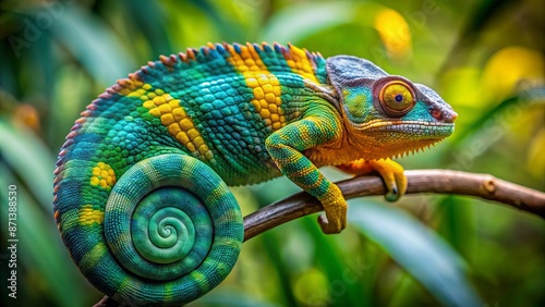 Vibrant 2-year-old Ambilobe panther chameleon Furcifer pardalis from Madagascar displays stunning coloration on its skin, sitting on a branch in nature. photo