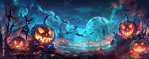 Spooky Halloween night with glowing jack-o'-lanterns, bats flying across a full moon, and eerie haunted forest background. photo