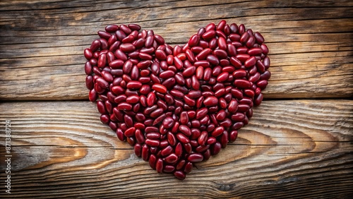 Vibrant red heart shaped from carefully arranged kidney beans on a rustic wooden table amidst a soft, blurred background.