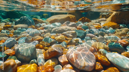 Crystal clear water flowing over vivid minerals, each stone uniquely glowing beneath the sunlight, evoking purity and natural beauty photo