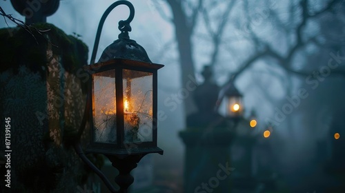 Dimly lit lanterns in a foggy, eerie forest setting create a hauntingly mysterious atmosphere, perfect for Halloween or spooky themes.