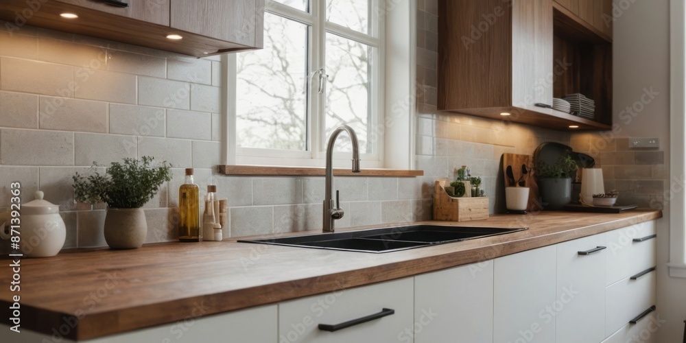 A kitchen countertop with a double sink, a window, and plants