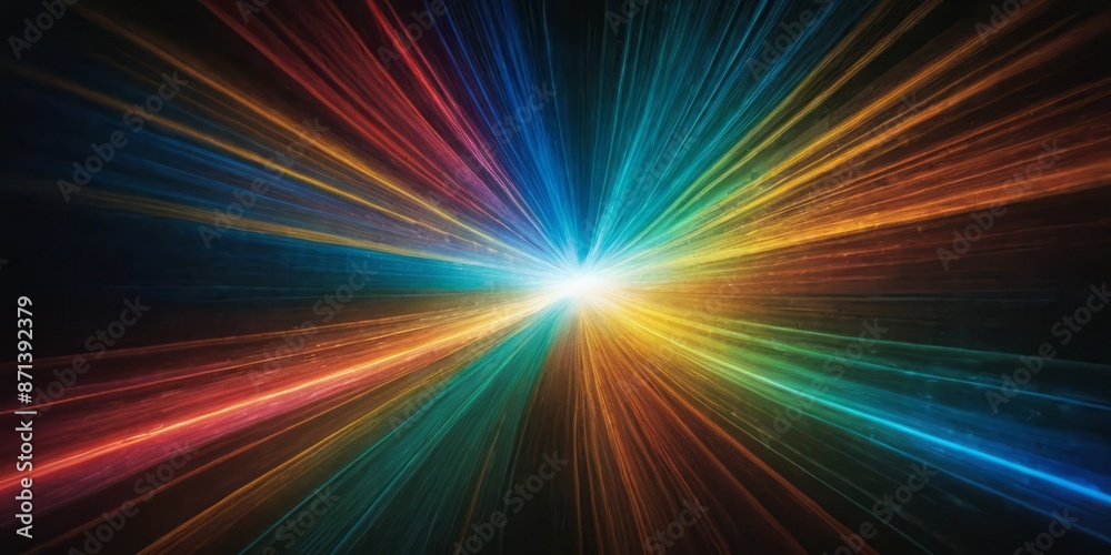 Abstract image of numerous colorful laser beams radiating outwards from a central, brilliant white light Abstract image of numerous colorful laser beams radiating outwards from a central, brilliant white light