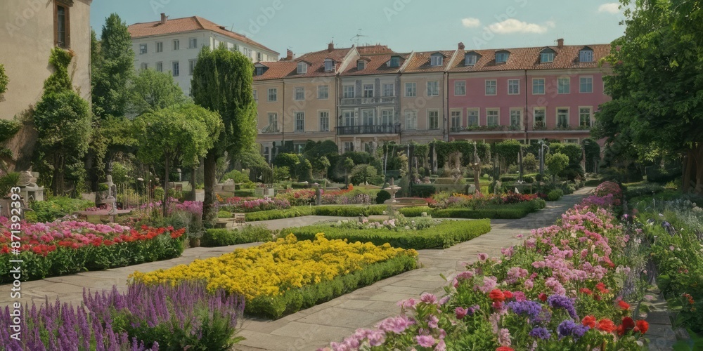 Obraz premium A picturesque garden with colorful flowers and manicured lawns, situated in front of a row of historic buildings