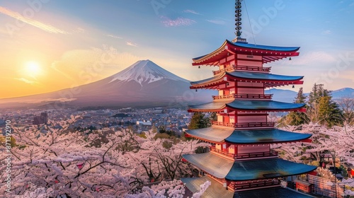 Cherry Blossoms and Pagoda at Mount Fuji