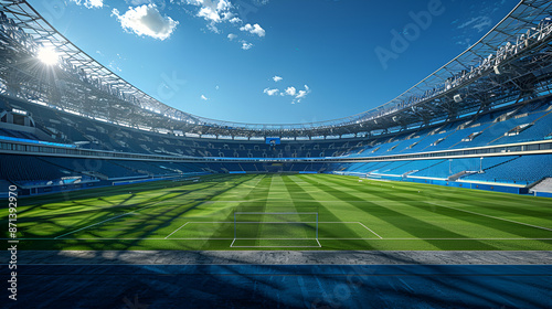 Football stadium in ultra realistic image on a beautiful sunny day, Awesome photography of a soccer football stadium on fire