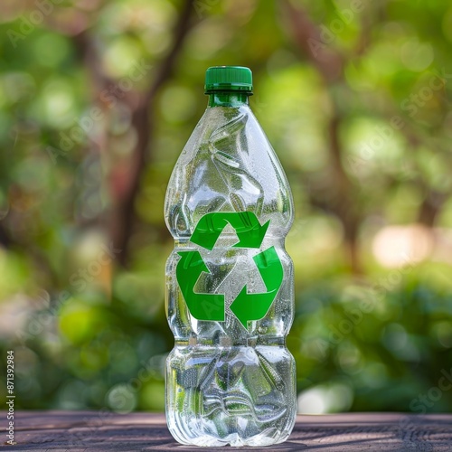 Green Recycling Symbol on Plastic Bottle and Bag Indicating PET Packaging Environmental Sustainability. Concept of Eco-Friendliness, Recycling, Green Initiatives, World Environment Day, Circular Econo photo