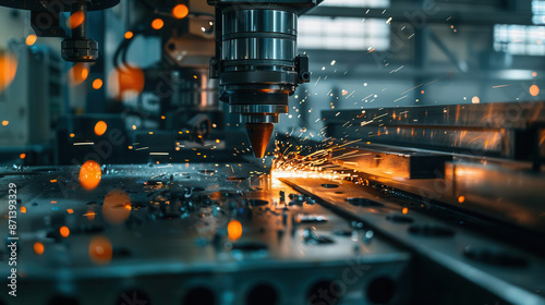 Highspeed shot of a stamping press impacting sheet metal, with the metal bending and sparks flying, capturing the force and precision of manufacturing