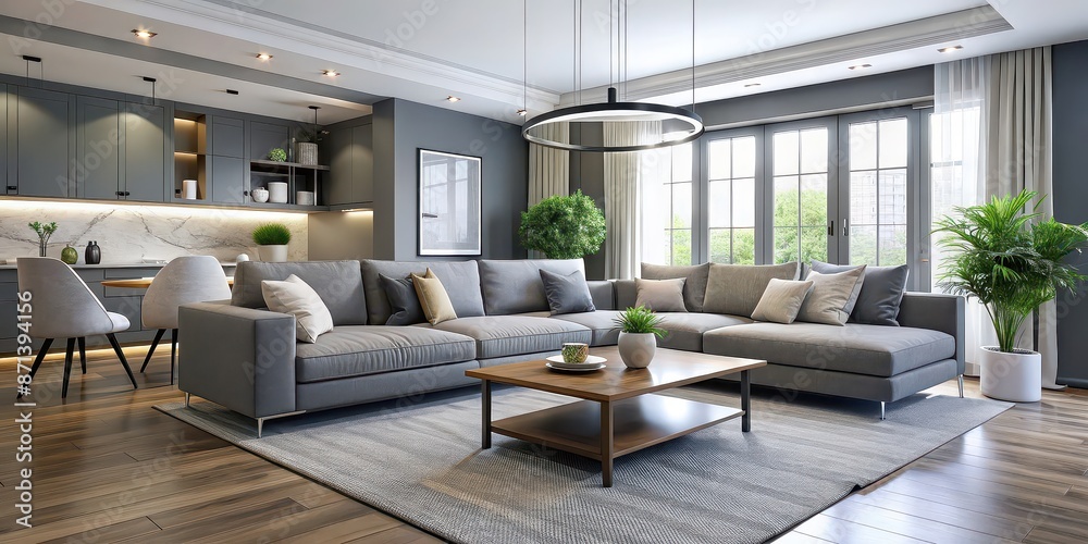 Fototapeta premium Modern gray living room with open concept layout, comfortable seating, and a neutral palette