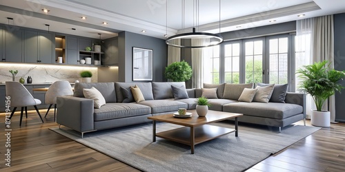 Modern gray living room with open concept layout, comfortable seating, and a neutral palette