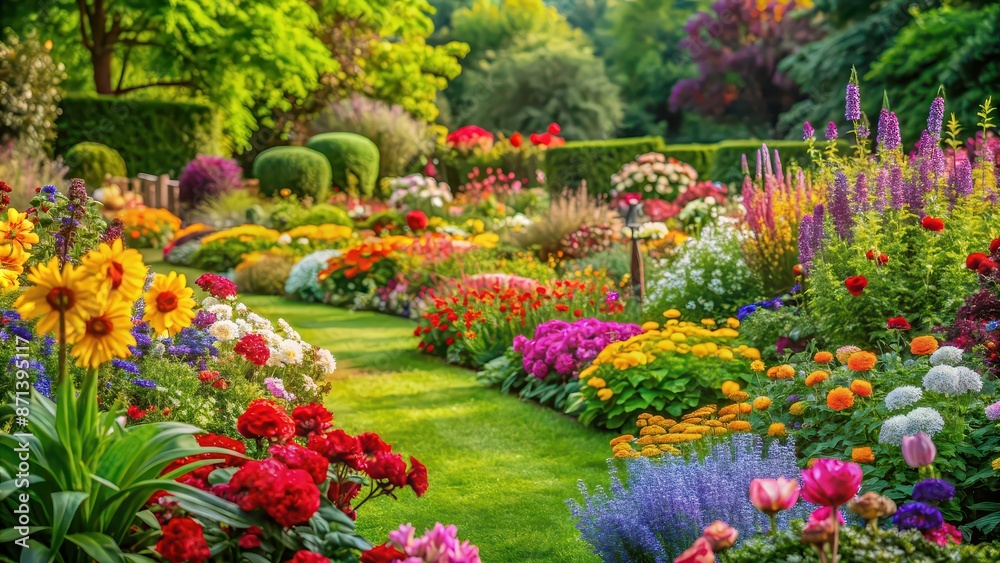 Vibrant garden bursting with colorful flowers and lush greenery, lush, garden, full bloom, vibrant, colorful