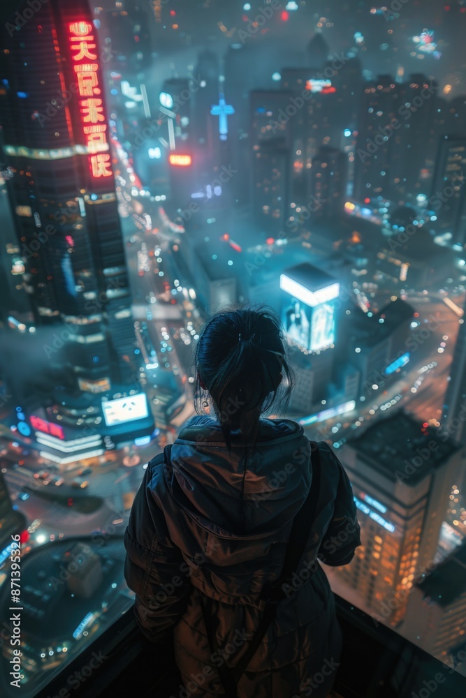 Obraz premium Person standing on rooftop overlooking city