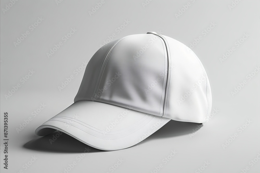 A white baseball cap on a gray background. A white baseball cap on a gray background.