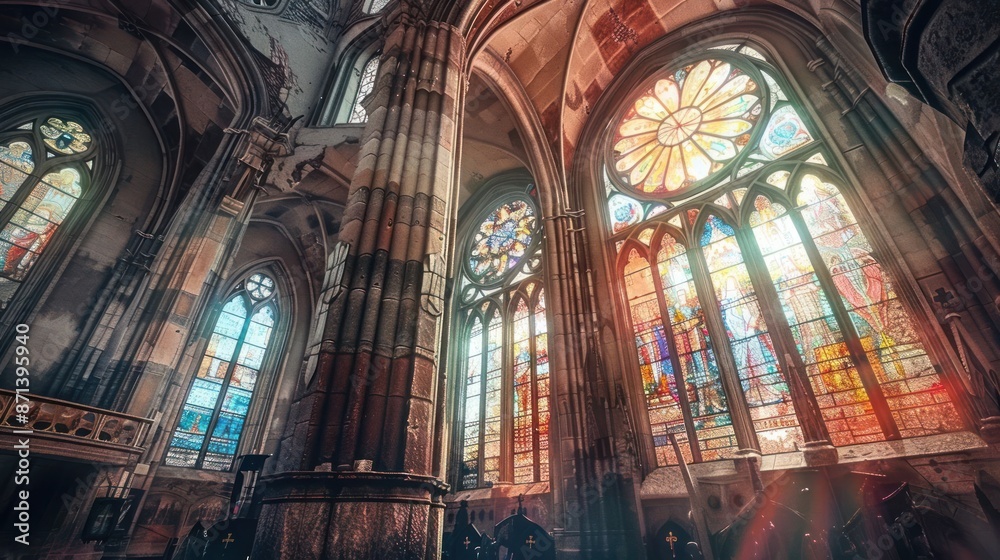 The stained glass windows of a church are illuminated by sunlight The stained glass windows of a church are illuminated by sunlight