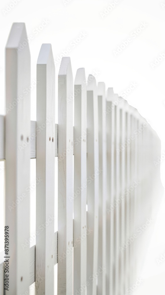 White wooden picket fence with blurred perspective, minimalistic outdoor design concept White wooden picket fence with blurred perspective, minimalistic outdoor design concept