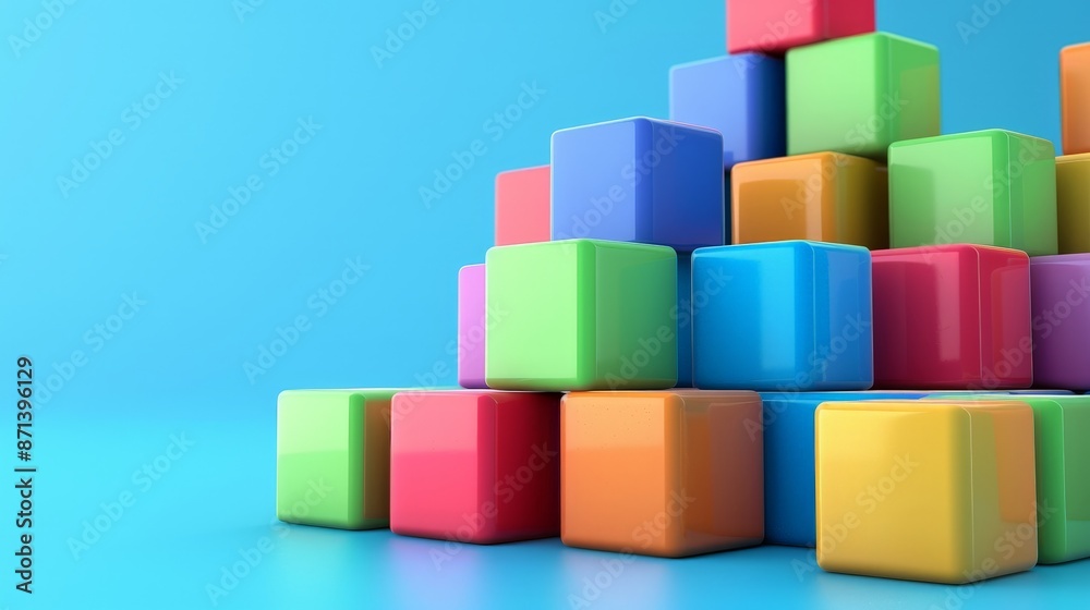 Colorful stacking blocks arranged in triangular pyramid on blue background, symbolizing creativity, learning, and childhood fun. Colorful stacking blocks arranged in triangular pyramid on blue background, symbolizing creativity, learning, and childhood fun.