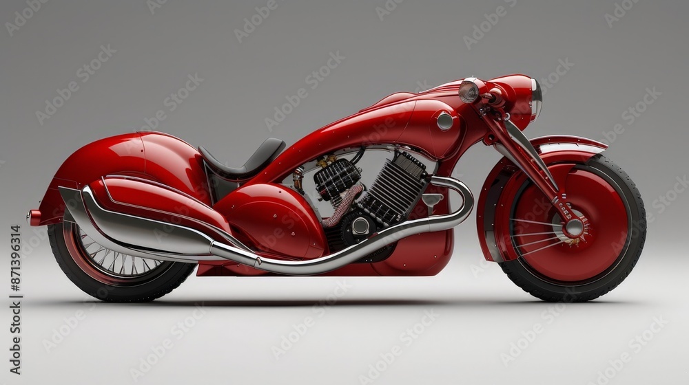 Sleek red custom motorcycle on a gray background, showcasing a modern and stylish design with chrome accents and an aerodynamic appearance. Sleek red custom motorcycle on a gray background, showcasing a modern and stylish design with chrome accents and an aerodynamic appearance.