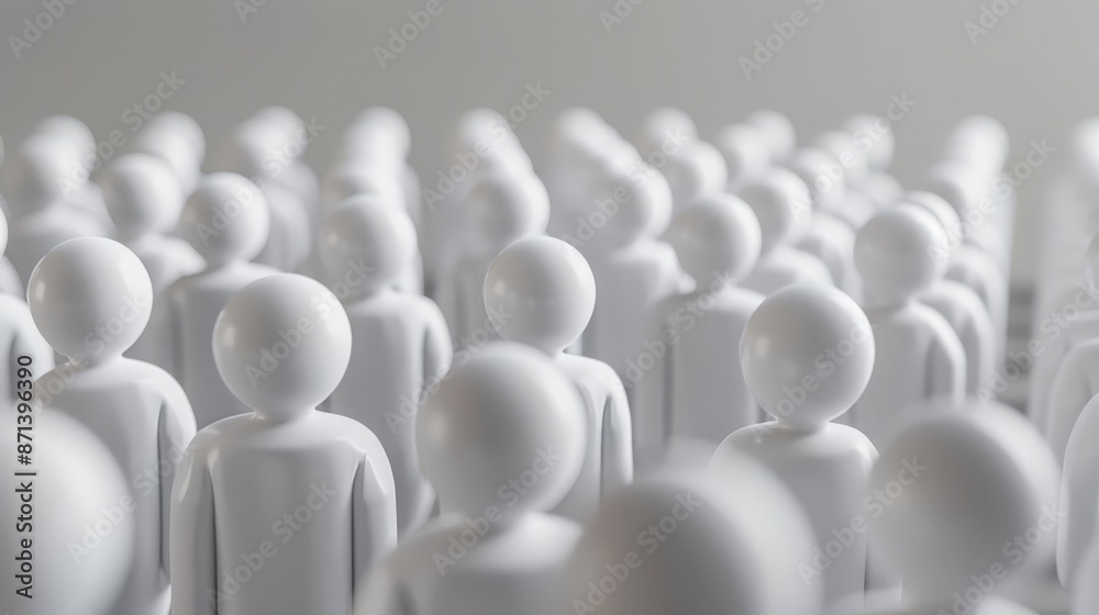 Abstract image of many white figures representing people in a crowd. Concept of population, community, or group dynamics.