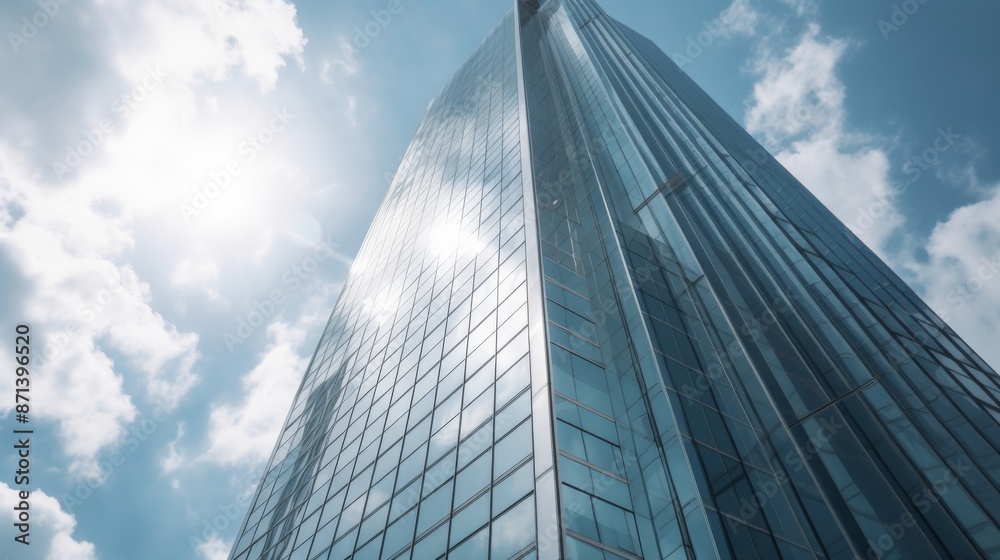 Sleek glass skyscraper towering over the city Bright Sleek glass skyscraper towering over the city Bright
