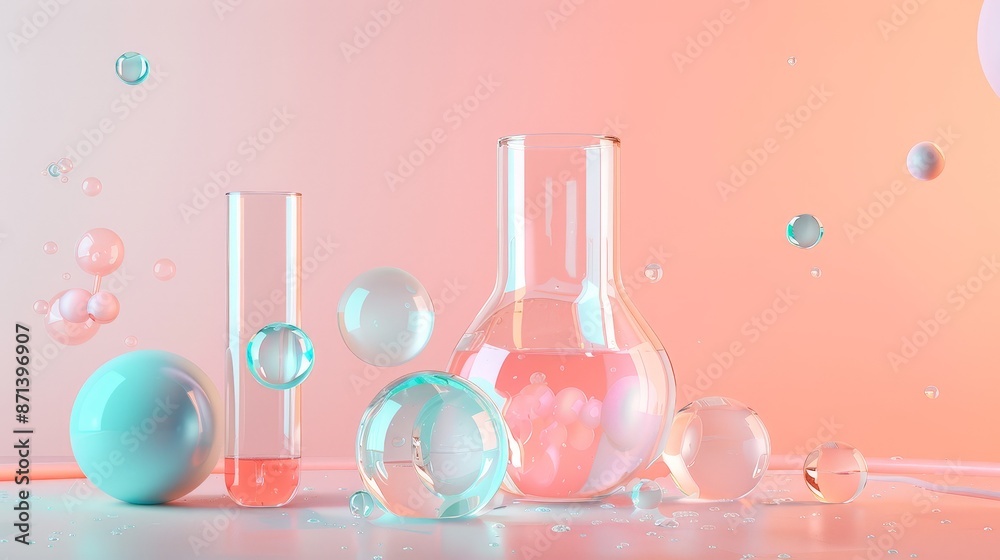 Abstract scientific background with colorful glass lab equipment and bubbles on a pastel gradient backdrop. Abstract scientific background with colorful glass lab equipment and bubbles on a pastel gradient backdrop.