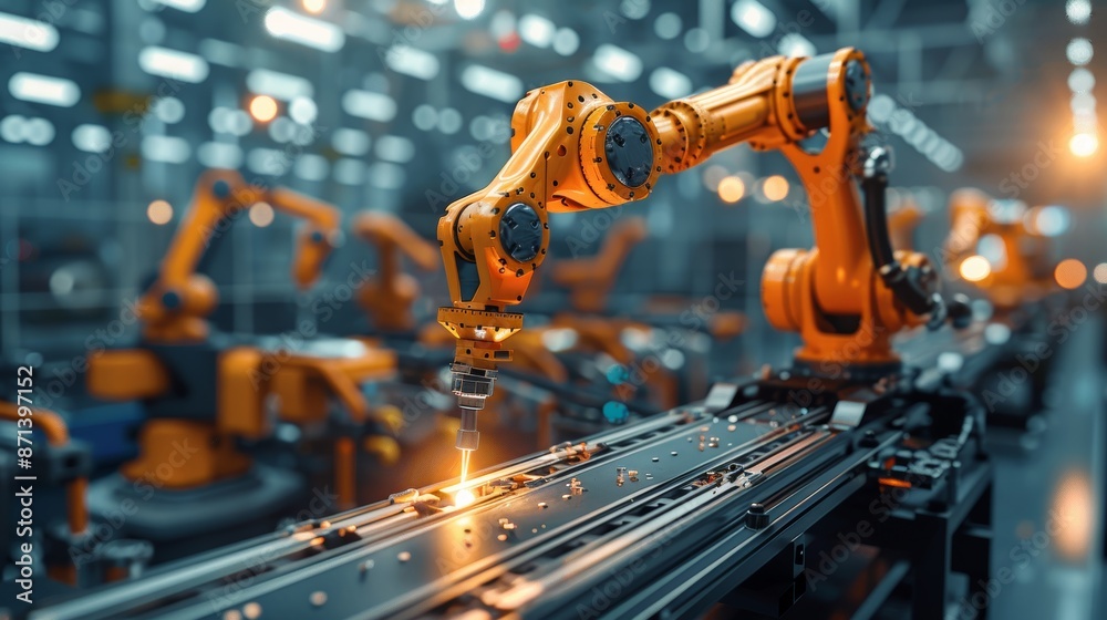 Industrial robot assembling a car, high efficiency and advanced technology, seamless coordination among machines, vibrant factory lighting Industrial robot assembling a car, high efficiency and advanced technology, seamless coordination among machines, vibrant factory lighting
