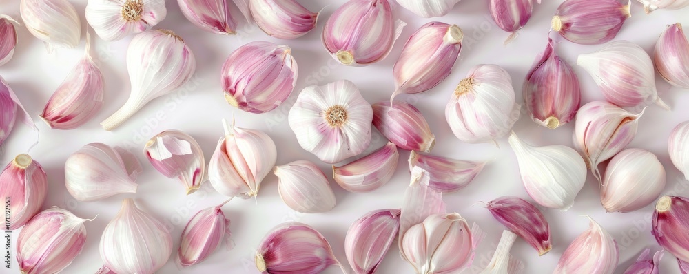 Garlic bulbs and cloves in various colors on a white background, overhead view. Culinary ingredient and food concept Garlic bulbs and cloves in various colors on a white background, overhead view. Culinary ingredient and food concept