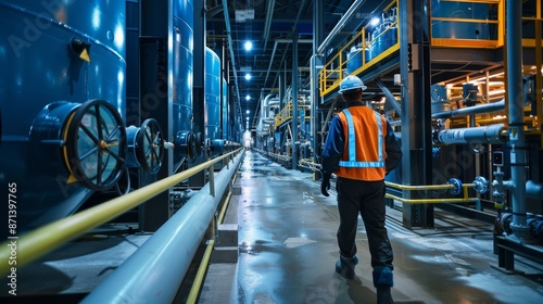 Inside view of a water purification plant, intricate pipelines, and filtration systems with workers in safety gear