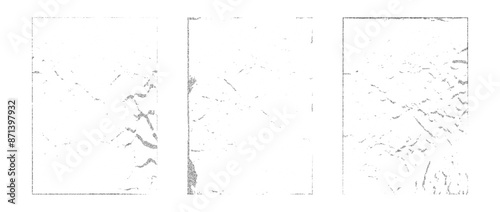 Stipple rough grunge collection. Aged pixelated texture paper overlay set. Dotted scratched crumpled background. Dirt grainy stippled backdrop for poster, vinyl cover, frame, banner. Vector pack