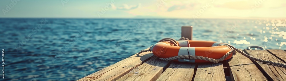 Fototapeta premium Lifesaver ring on wooden pier overlooking a calm sea with a sunset sky. A peaceful scene evoking safety and tranquility at the seaside.