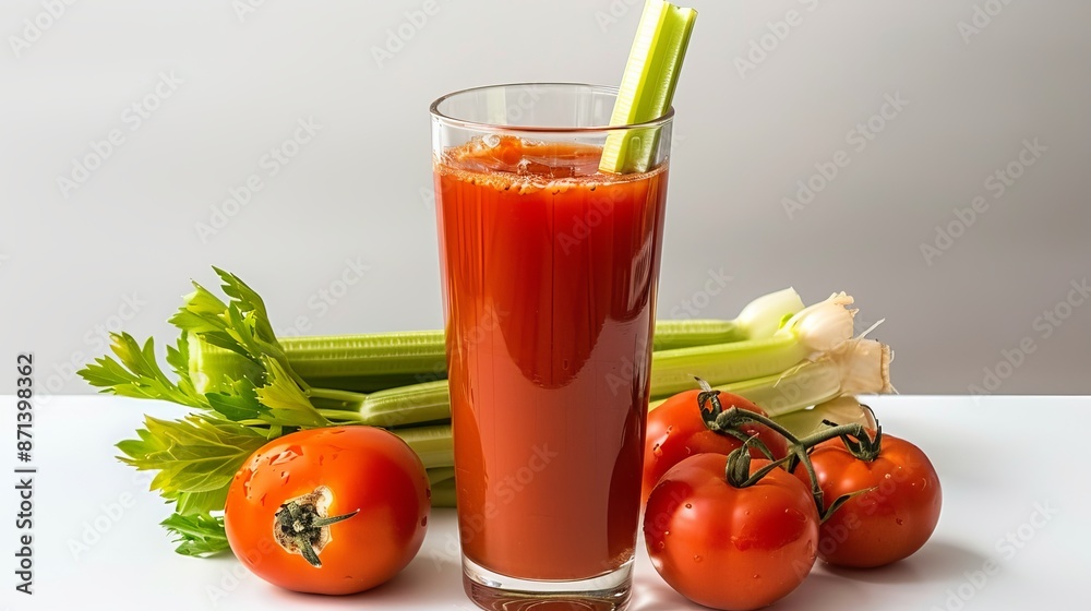 Glass of fresh tomato juice with celery and tomatoes, side view on white background Glass of fresh tomato juice with celery and tomatoes, side view on white background