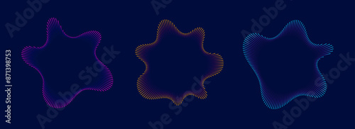 Colorful radial sound wave line pattern set. Circular audio, music, voice icon collection. Linear undulate wavy equalizer spectrum symbol pack. Purple, orange, blue sunburst bundle. Vector soundwaves