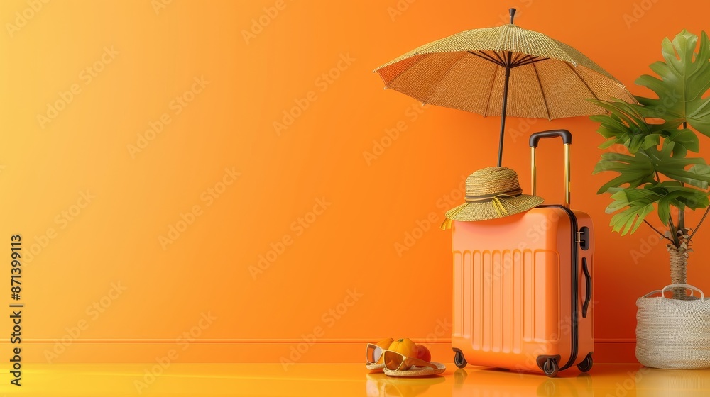 Naklejka premium Summer essentials suitcase, sun lounger, straw hat, sunglasses, umbrella on vibrant orange gradient